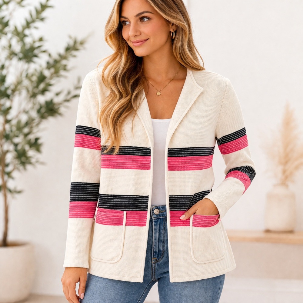 Talbots Cardigan Women XL Cream Pink Striped Ribbed Knit Preppy Career Wear
